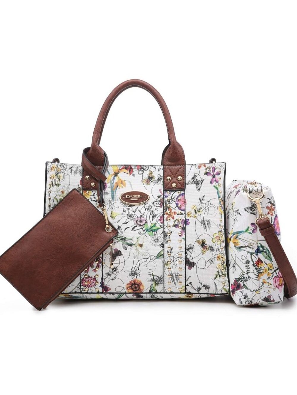 Women's White Flower Wallet Set Top Handle Satchel Shoulder 3pcs Hobo Handbag